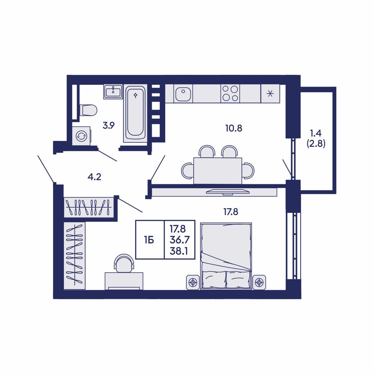 1-комнатная, 38.1 м², № 911 в GORIZONT (Горизонт)