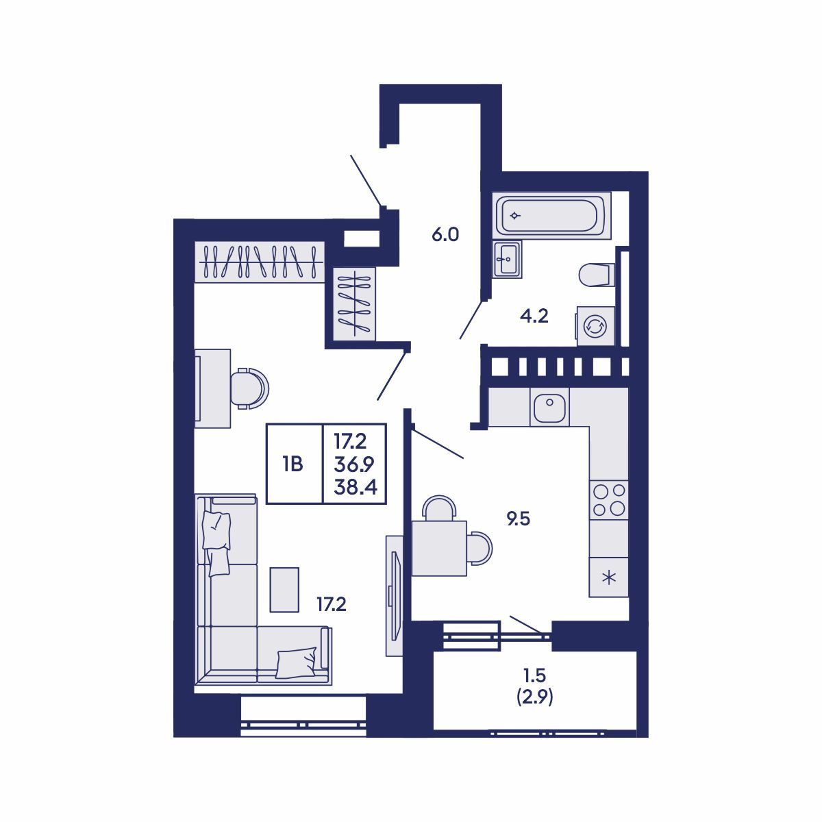 1-комнатная, 38.4 м², № 645 в GORIZONT (Горизонт)