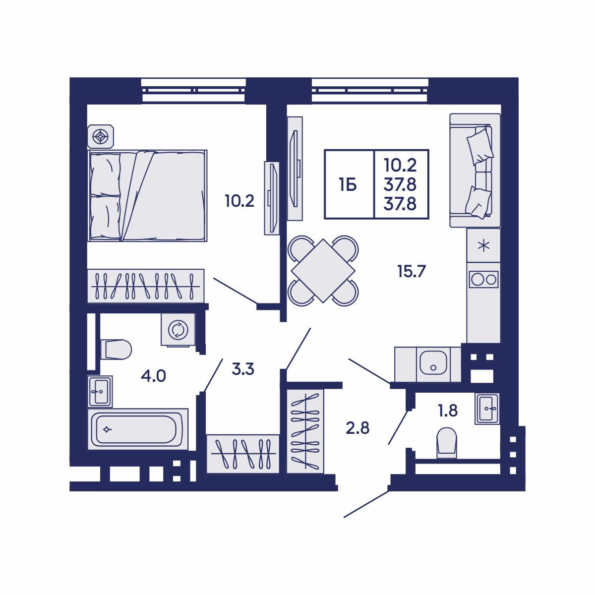 1-комнатная, 37.8 м², № 566 в GORIZONT (Горизонт)