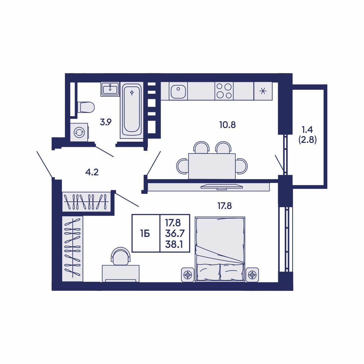 1-комнатная, 38.1 м², № 904 в GORIZONT (Горизонт)