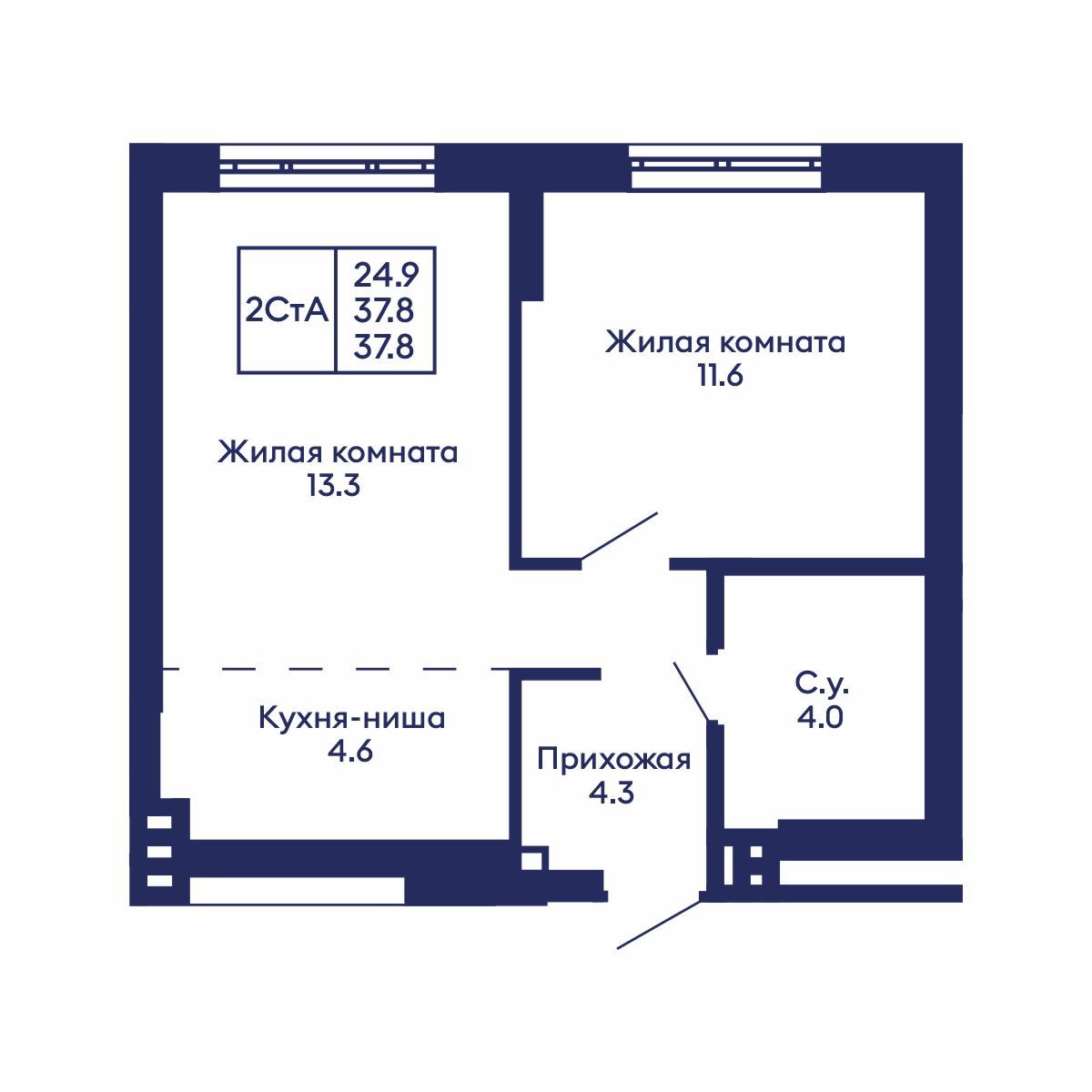 2-комнатная, 37.8 м², № 564 в GORIZONT (Горизонт)