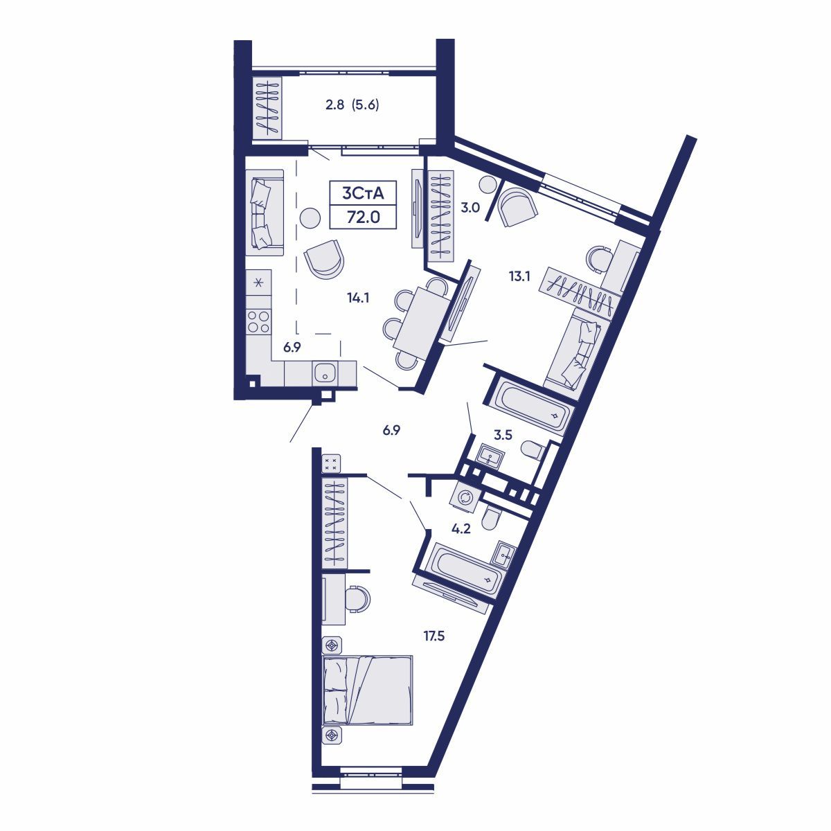 3-комнатная, 72 м², № 513 в GORIZONT (Горизонт)