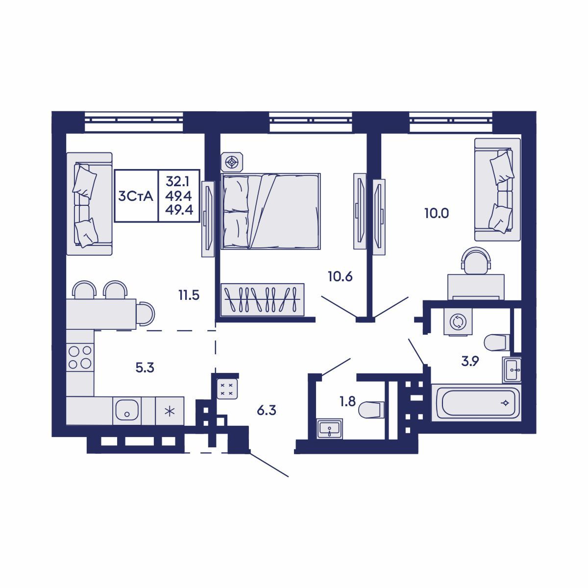 3-комнатная, 49.4 м², № 717 в GORIZONT (Горизонт)