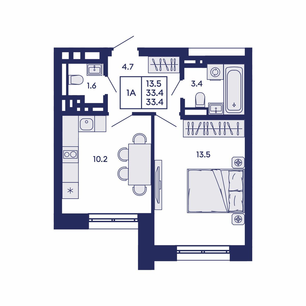 1-комнатная, 33.4 м², № 561 в GORIZONT (Горизонт)