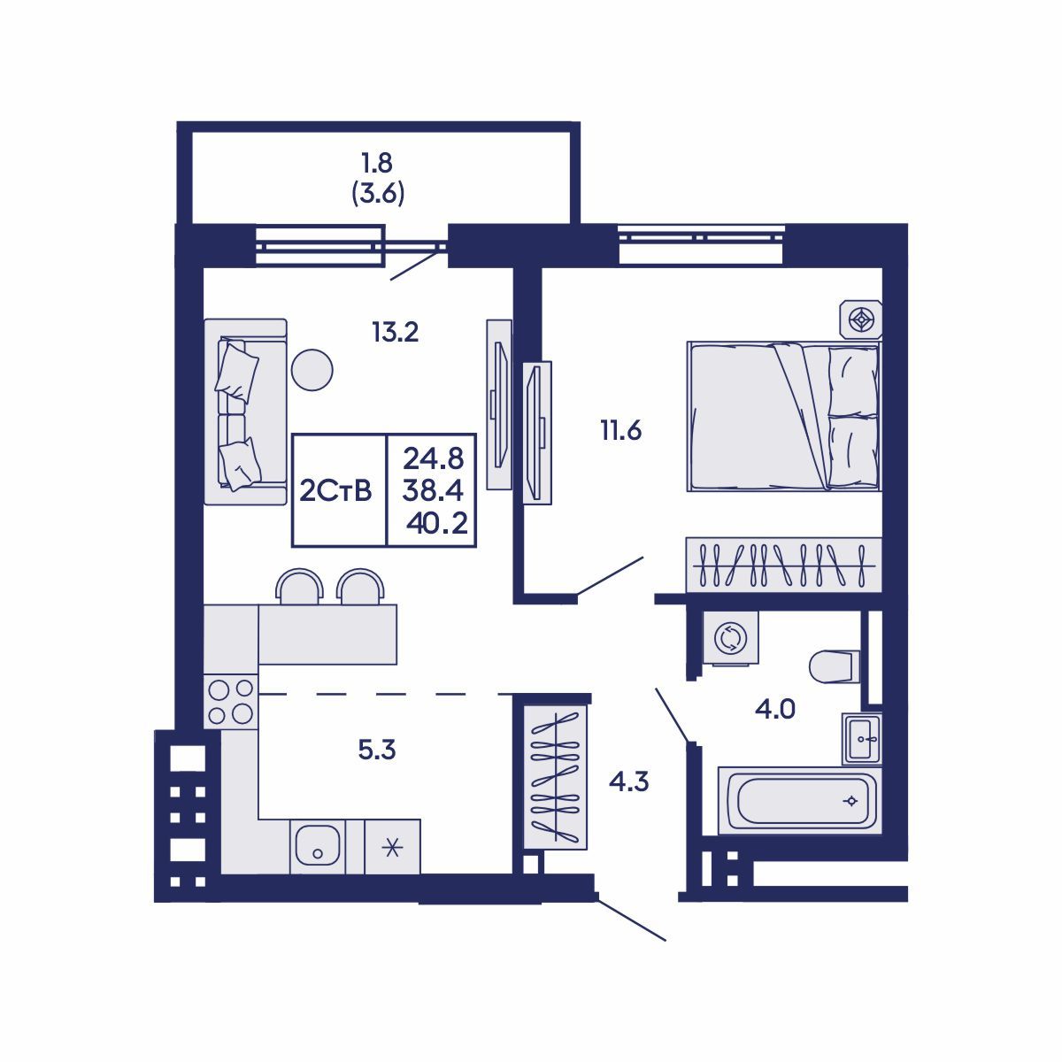 2-комнатная, 40.2 м², № 675 в GORIZONT (Горизонт)