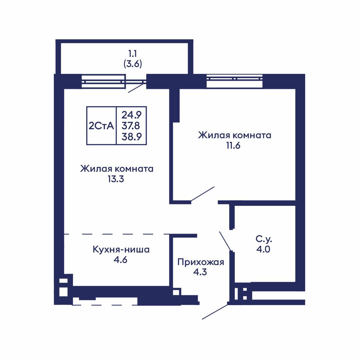 2-комнатная, 38.9 м², № 684 в GORIZONT (Горизонт)