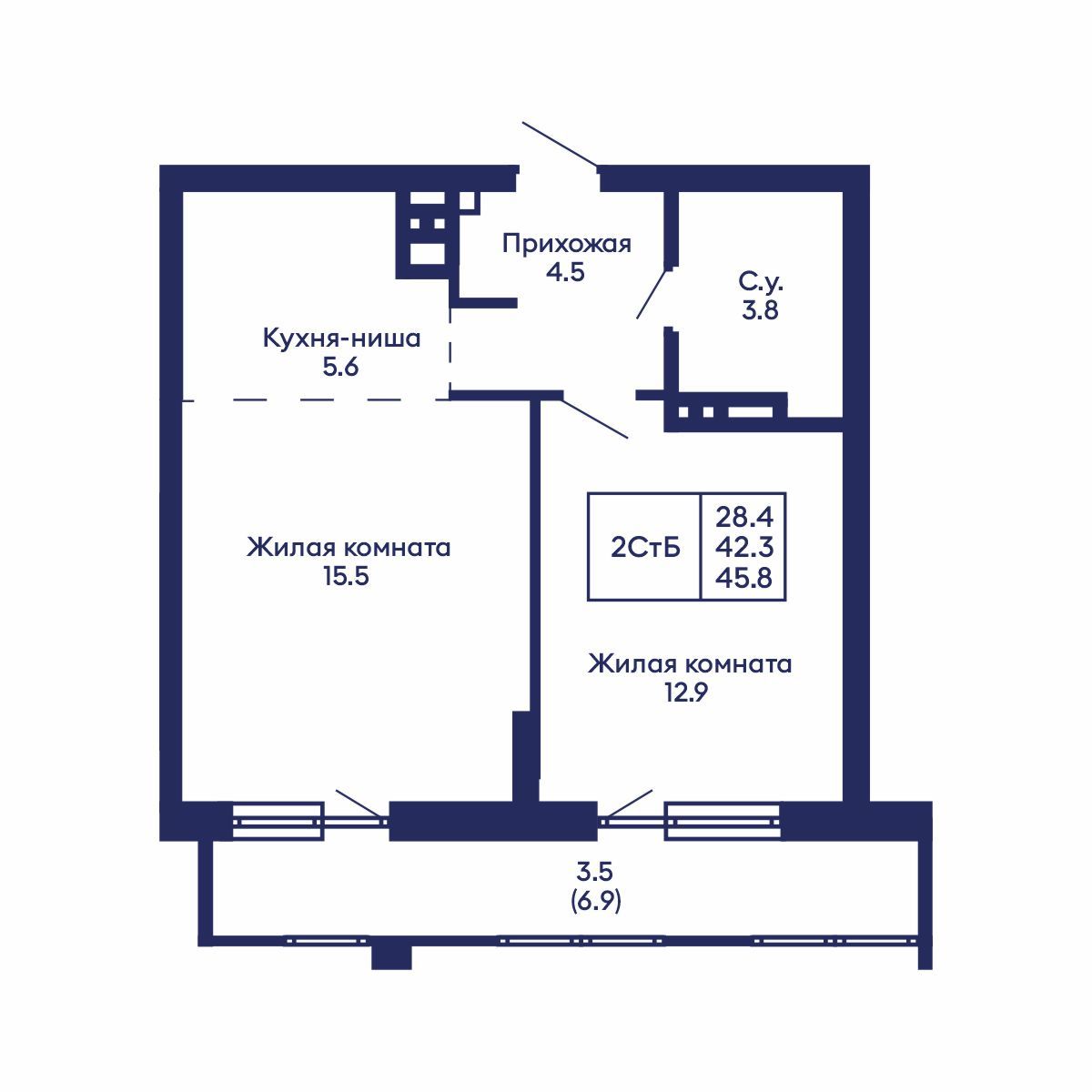 2-комнатная, 45.8 м², № 812 в GORIZONT (Горизонт)
