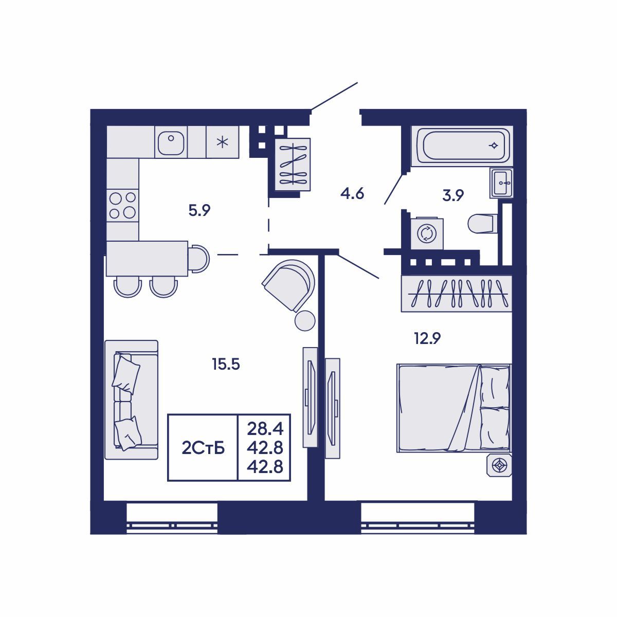 2-комнатная, 42.8 м², № 715 в GORIZONT (Горизонт)