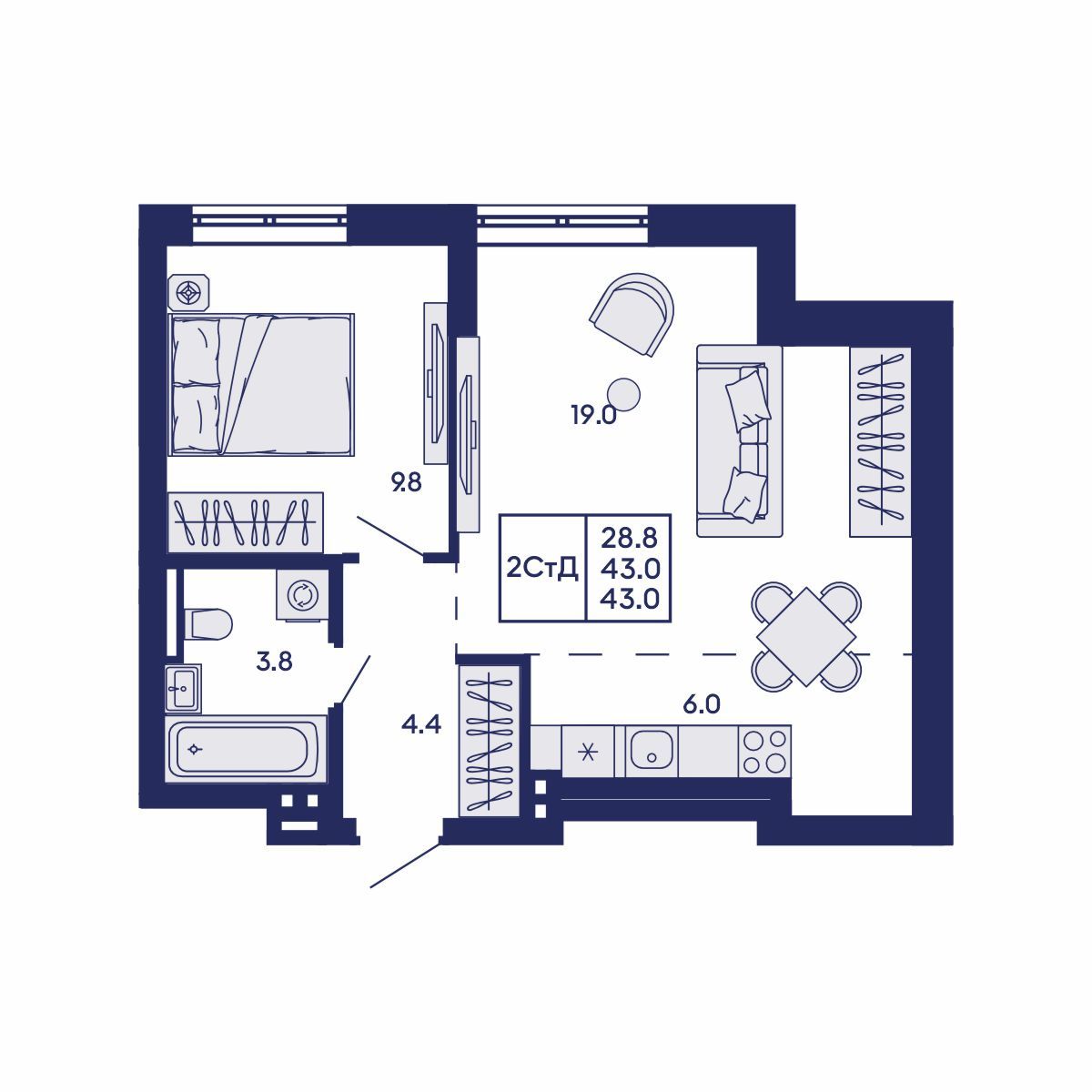 2-комнатная, 43 м², № 719 в GORIZONT (Горизонт)