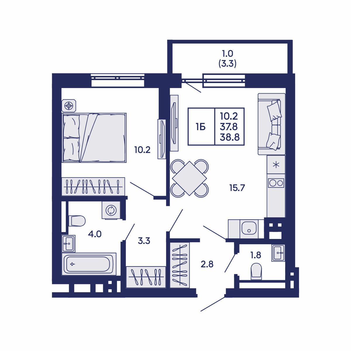 1-комнатная, 38.8 м², № 687 в GORIZONT (Горизонт)