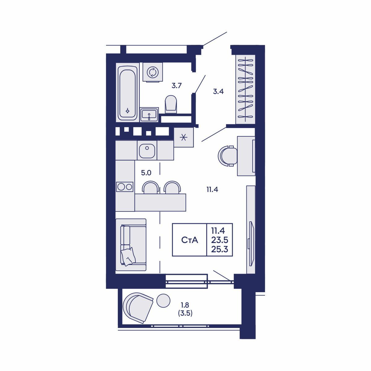 Студия, 25.3 м², № 550 в GORIZONT (Горизонт)