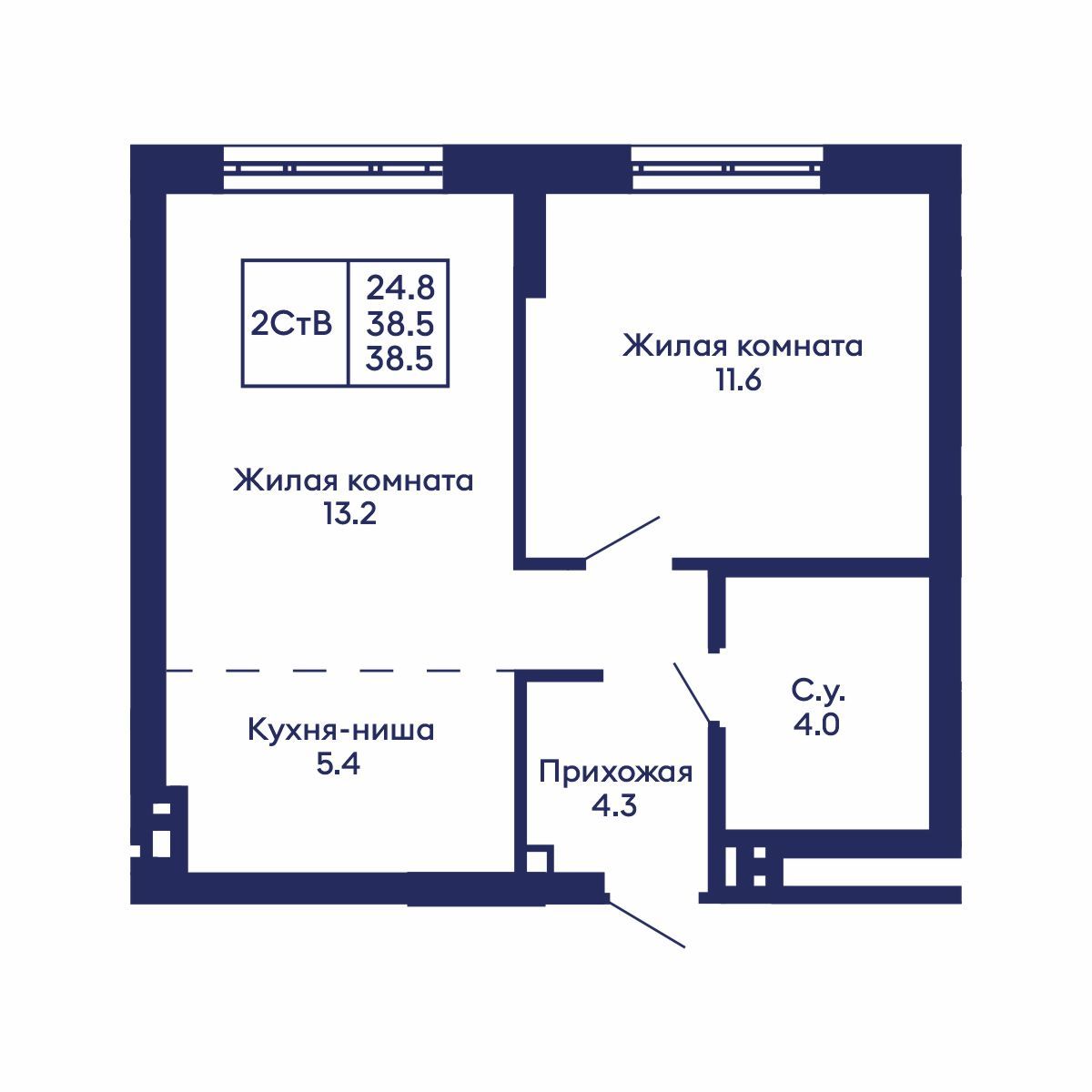 2-комнатная, 38.5 м², № 565 в GORIZONT (Горизонт)