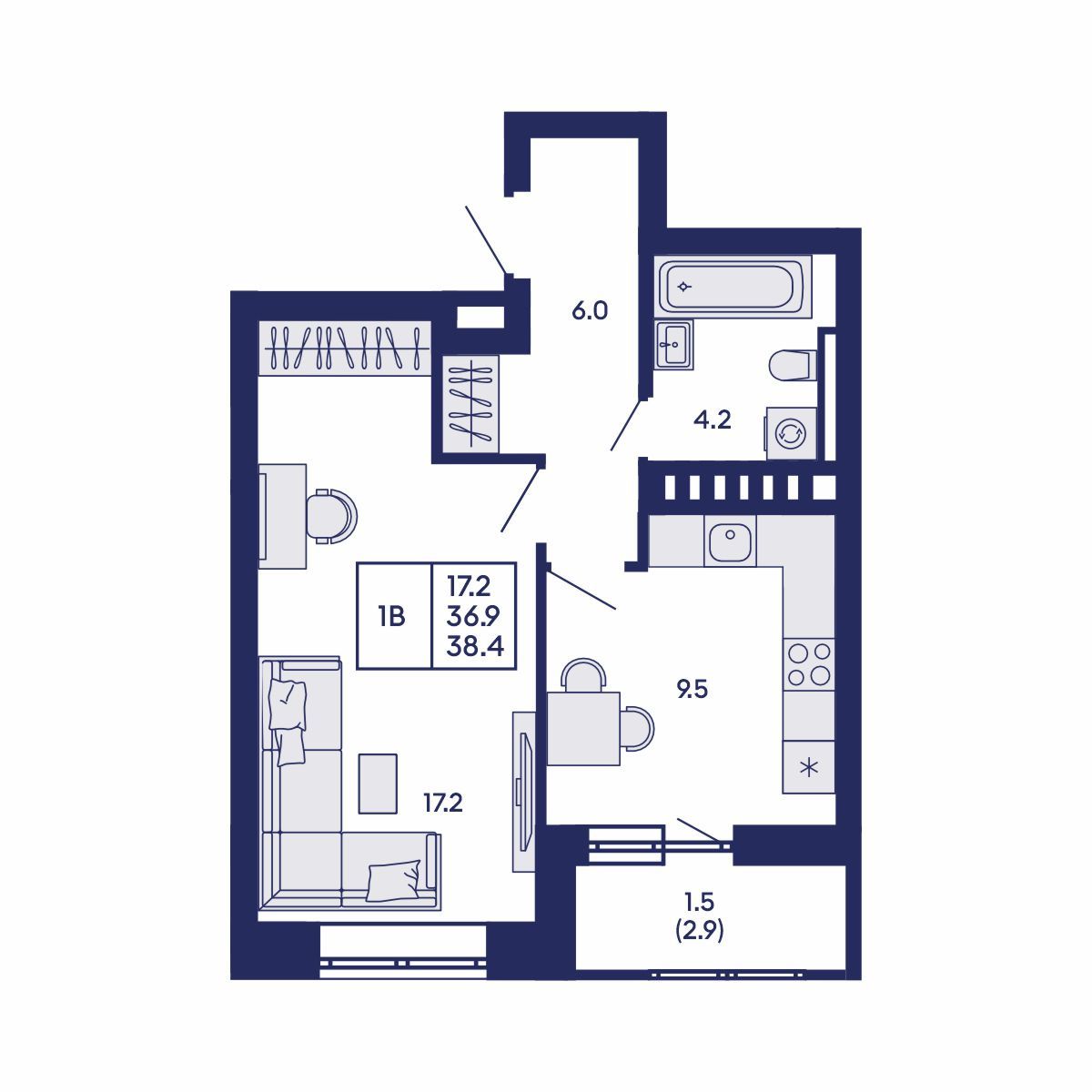 1-комнатная, 38.4 м², № 601 в GORIZONT (Горизонт)