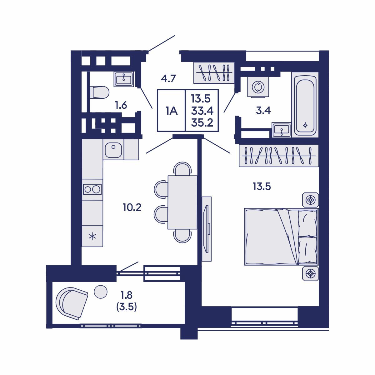 1-комнатная, 35.2 м², № 703 в GORIZONT (Горизонт)