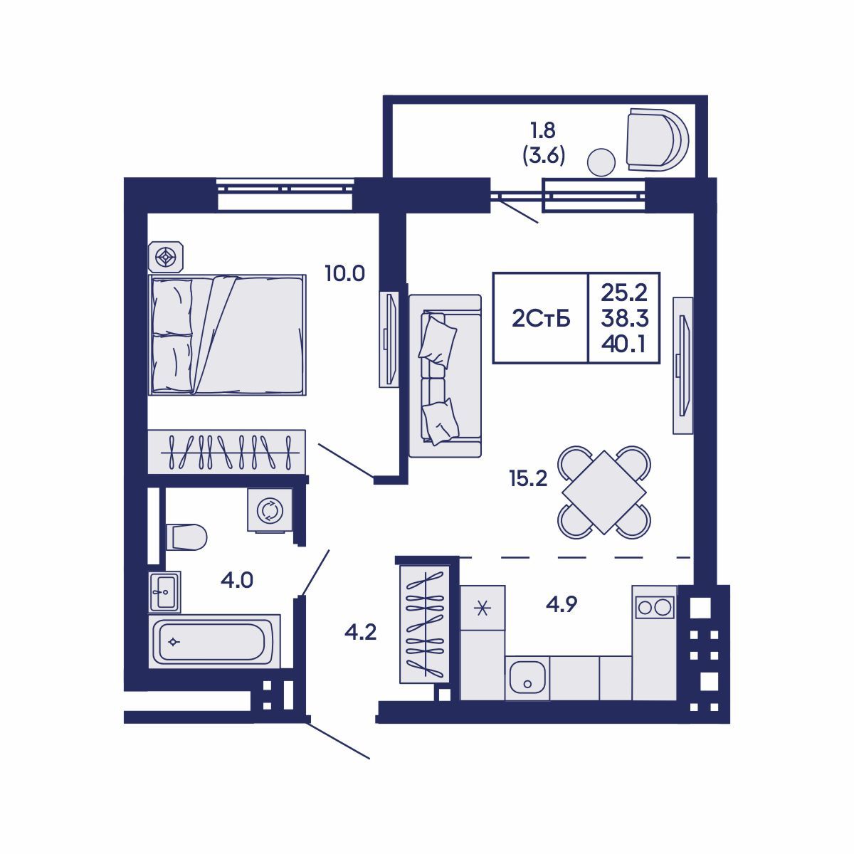 2-комнатная, 40.1 м², № 619 в GORIZONT (Горизонт)