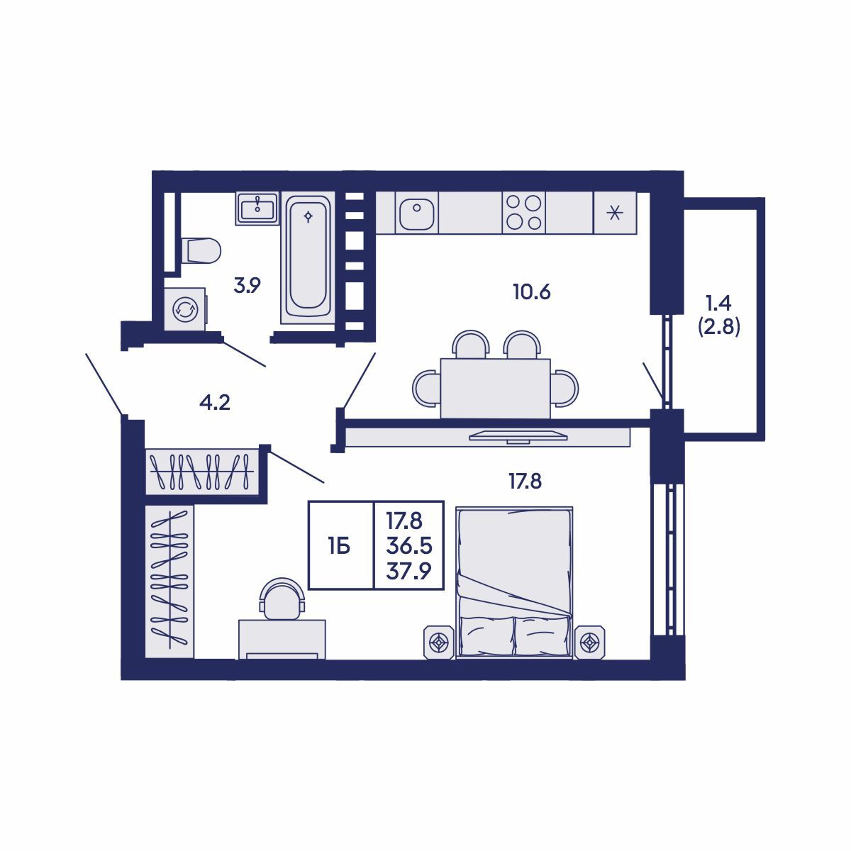 1-комнатная, 37.9 м², № 925 в GORIZONT (Горизонт)