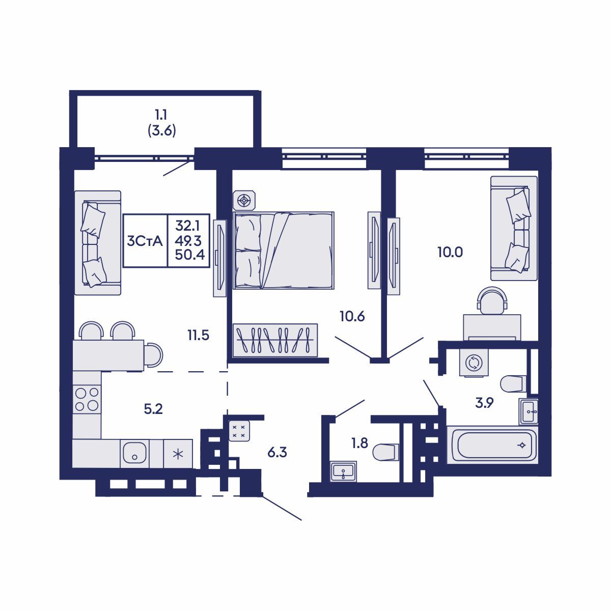 3-комнатная, 50.4 м², № 724 в GORIZONT (Горизонт)