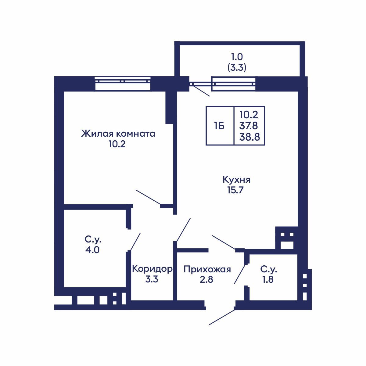 1-комнатная, 38.8 м², № 709 в GORIZONT (Горизонт)