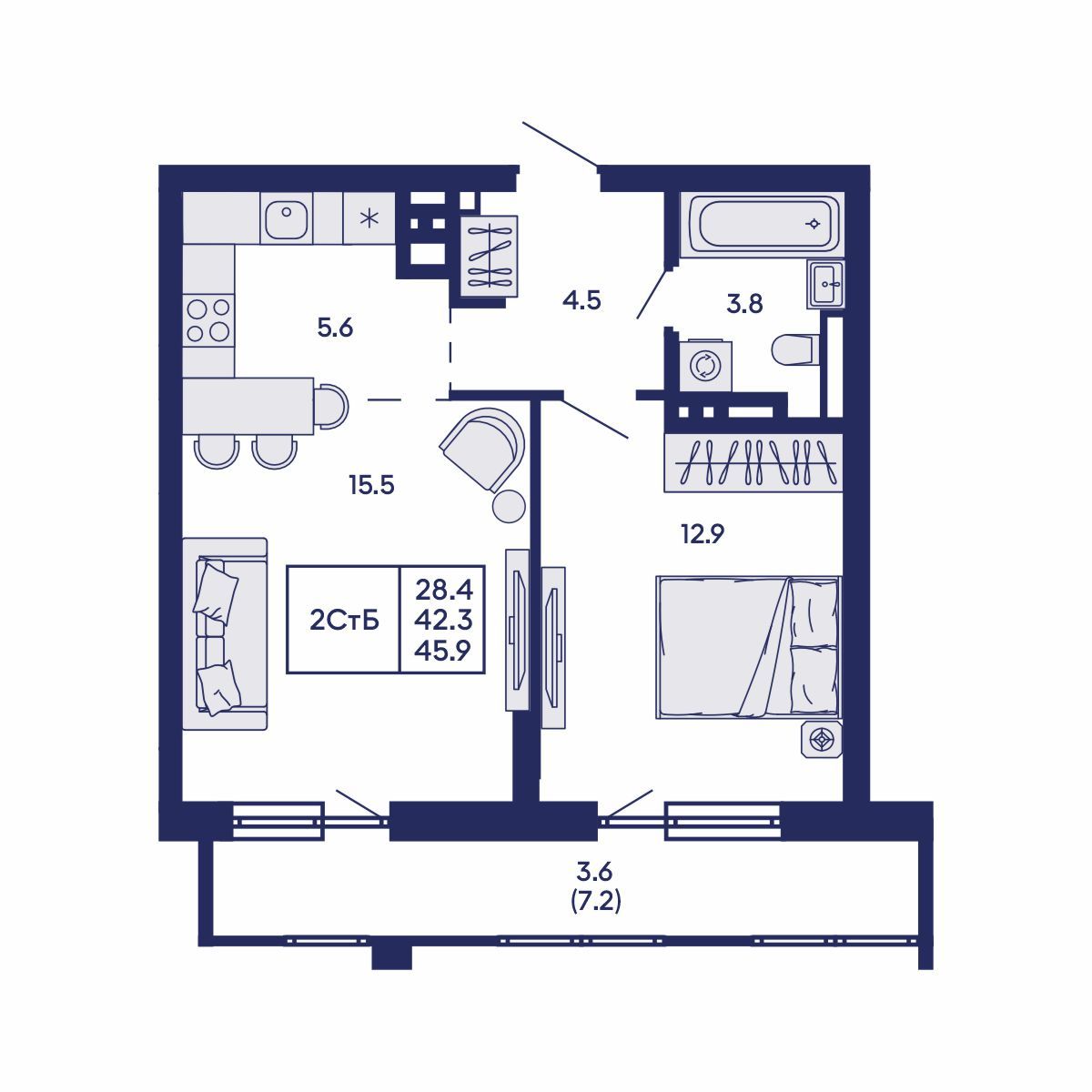 2-комнатная, 45.9 м², № 803 в GORIZONT (Горизонт)