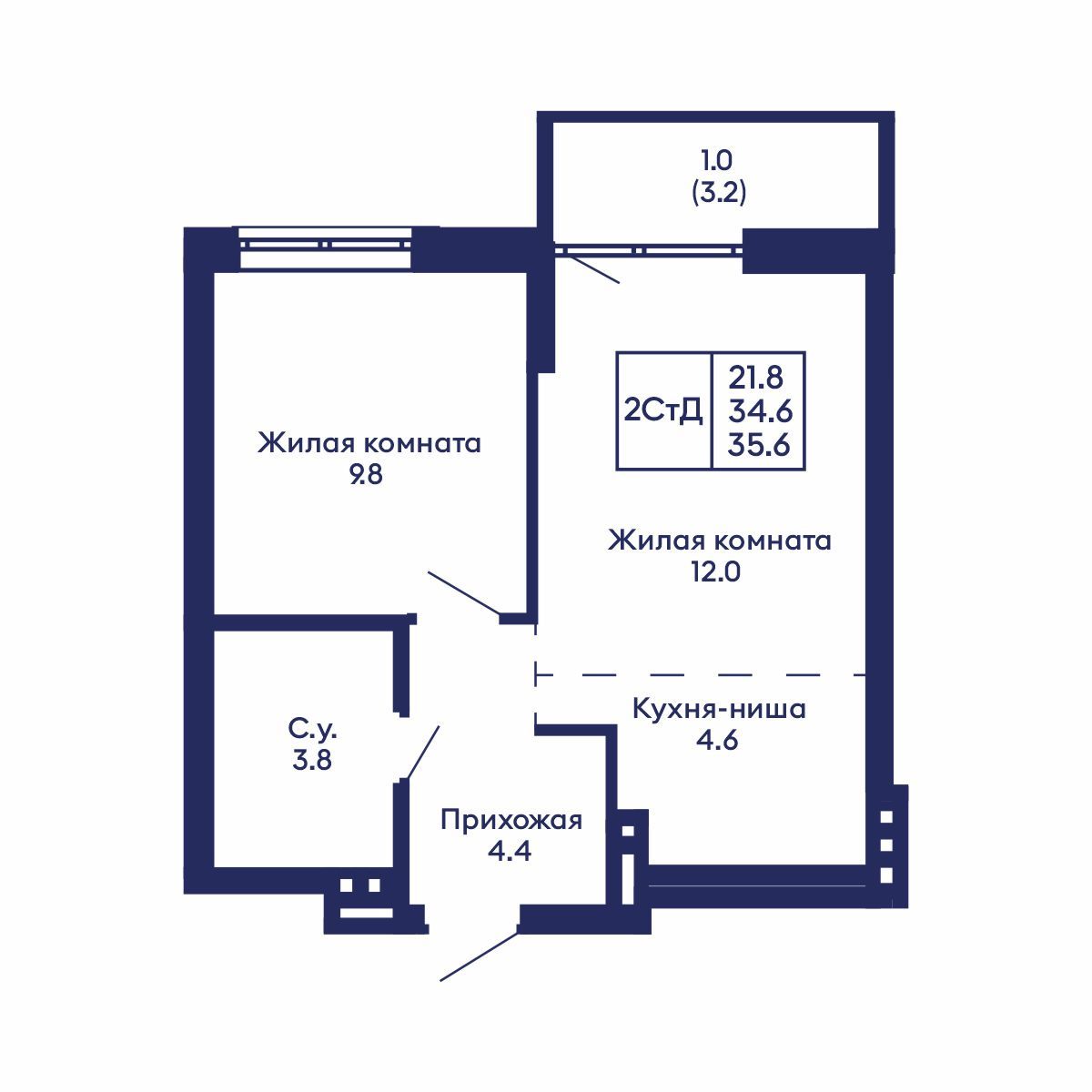 2-комнатная, 35.6 м², № 817 в GORIZONT (Горизонт)
