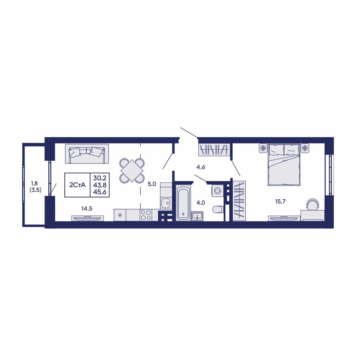 2-комнатная, 45.6 м², № 842 в GORIZONT (Горизонт)