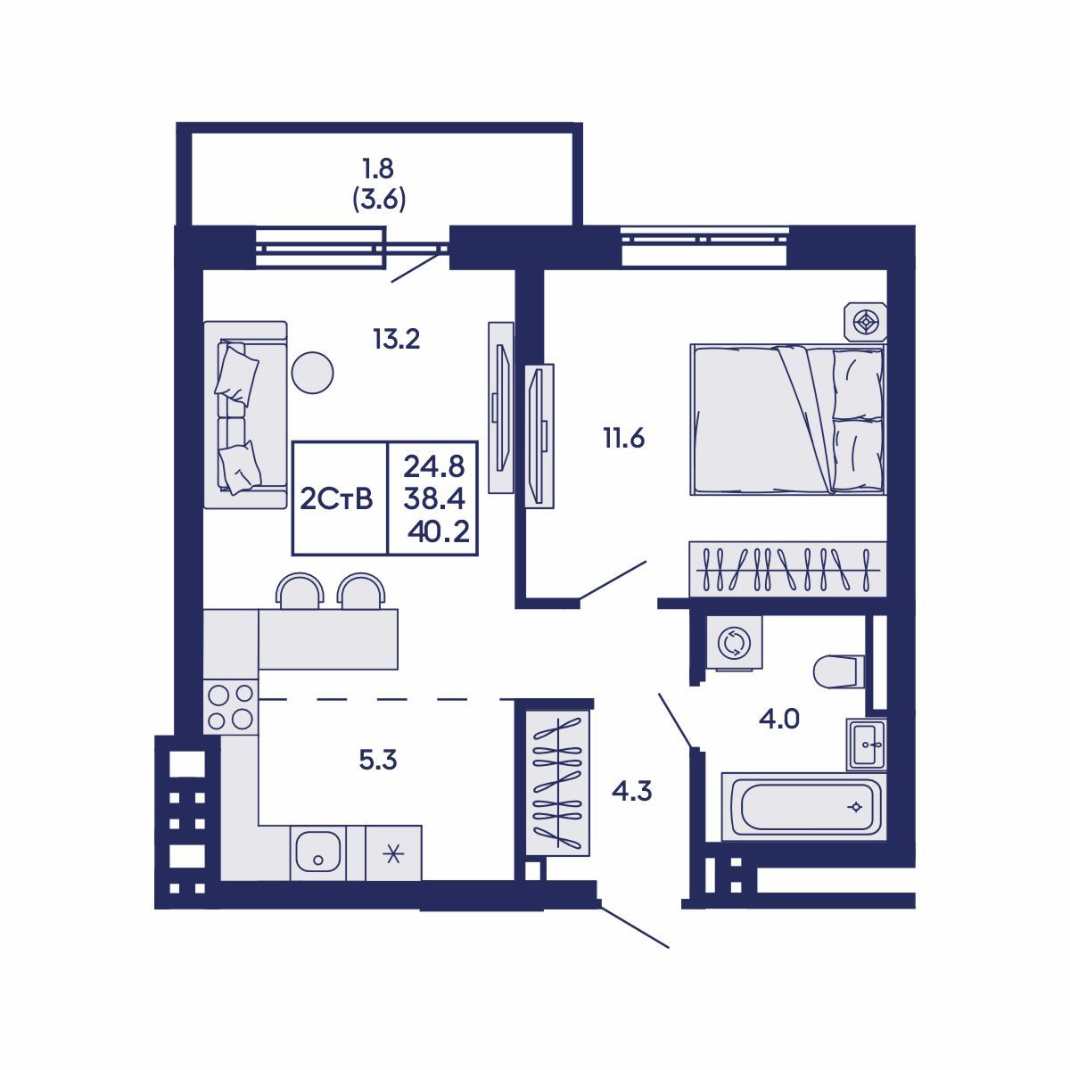 2-комнатная, 40.2 м², № 708 в GORIZONT (Горизонт)