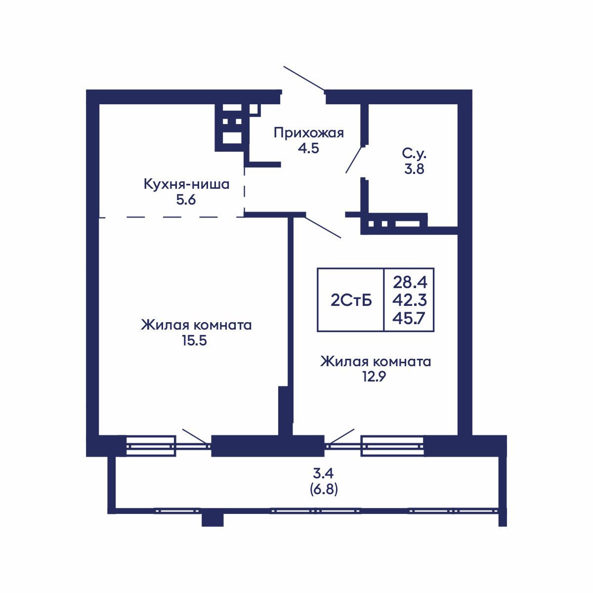 2-комнатная, 45.7 м², № 830 в GORIZONT (Горизонт)