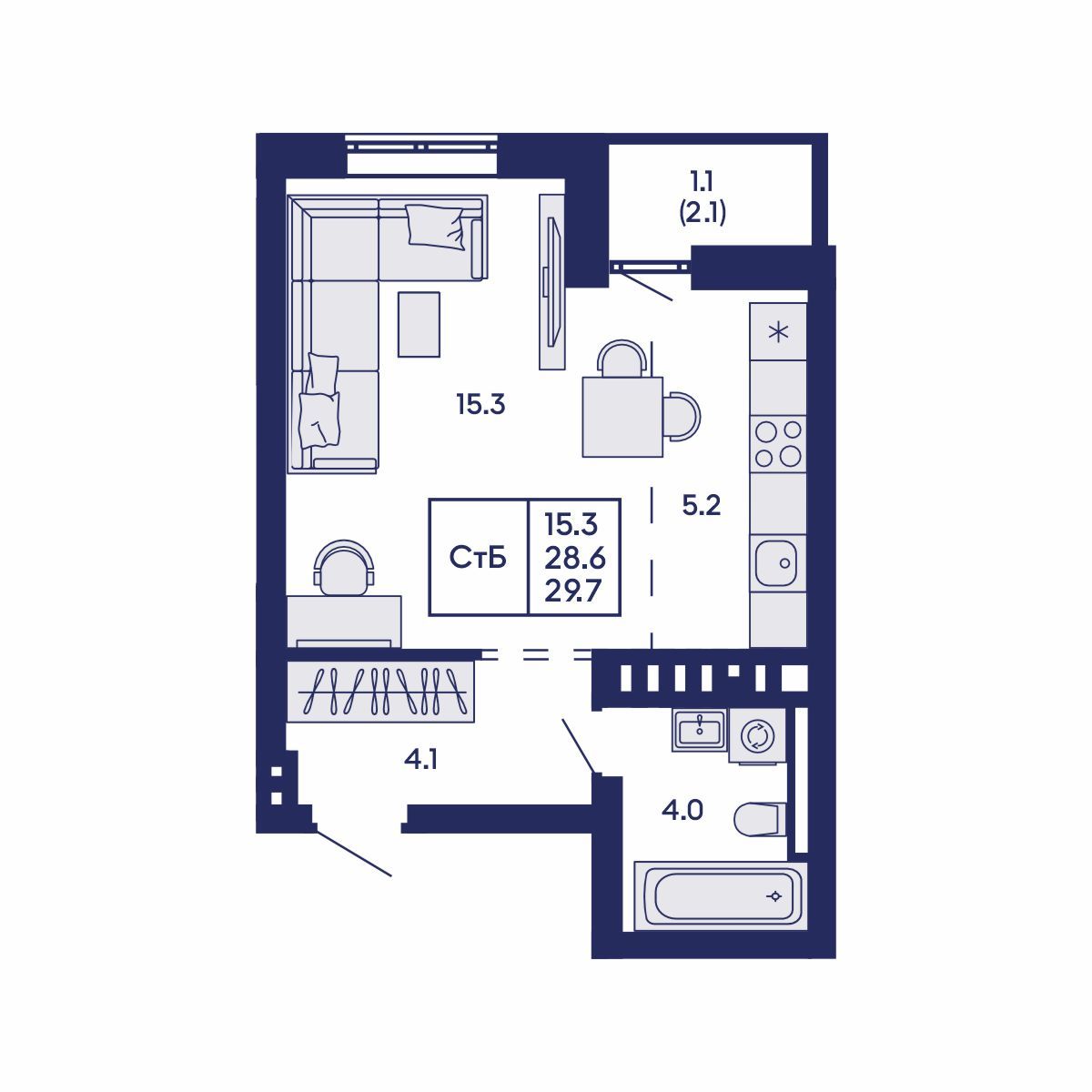 Студия, 29.7 м², № 600 в GORIZONT (Горизонт)