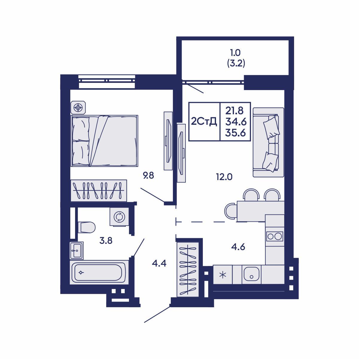 2-комнатная, 35.6 м², № 826 в GORIZONT (Горизонт)