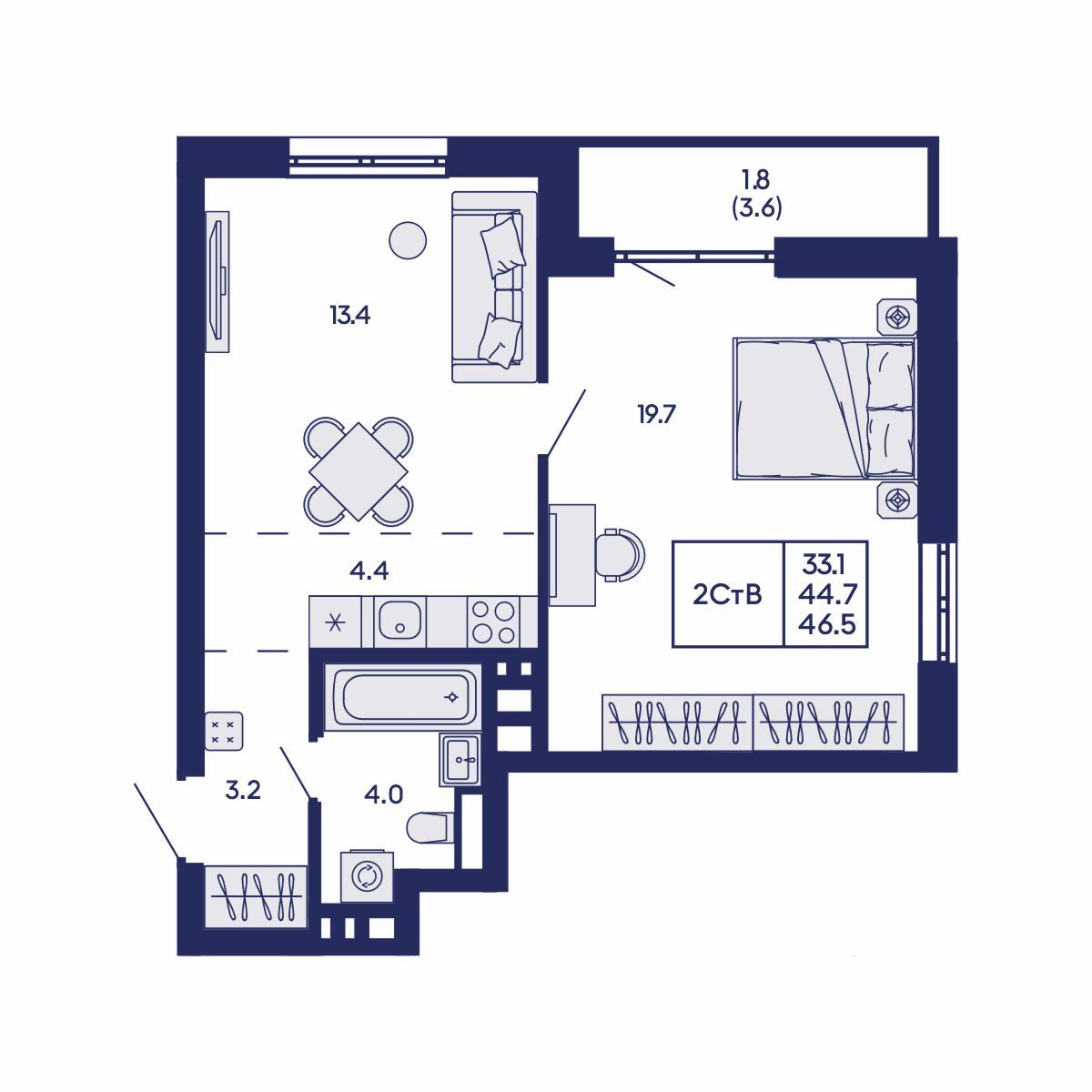 Студия, 46.5 м², № 902 в GORIZONT (Горизонт)