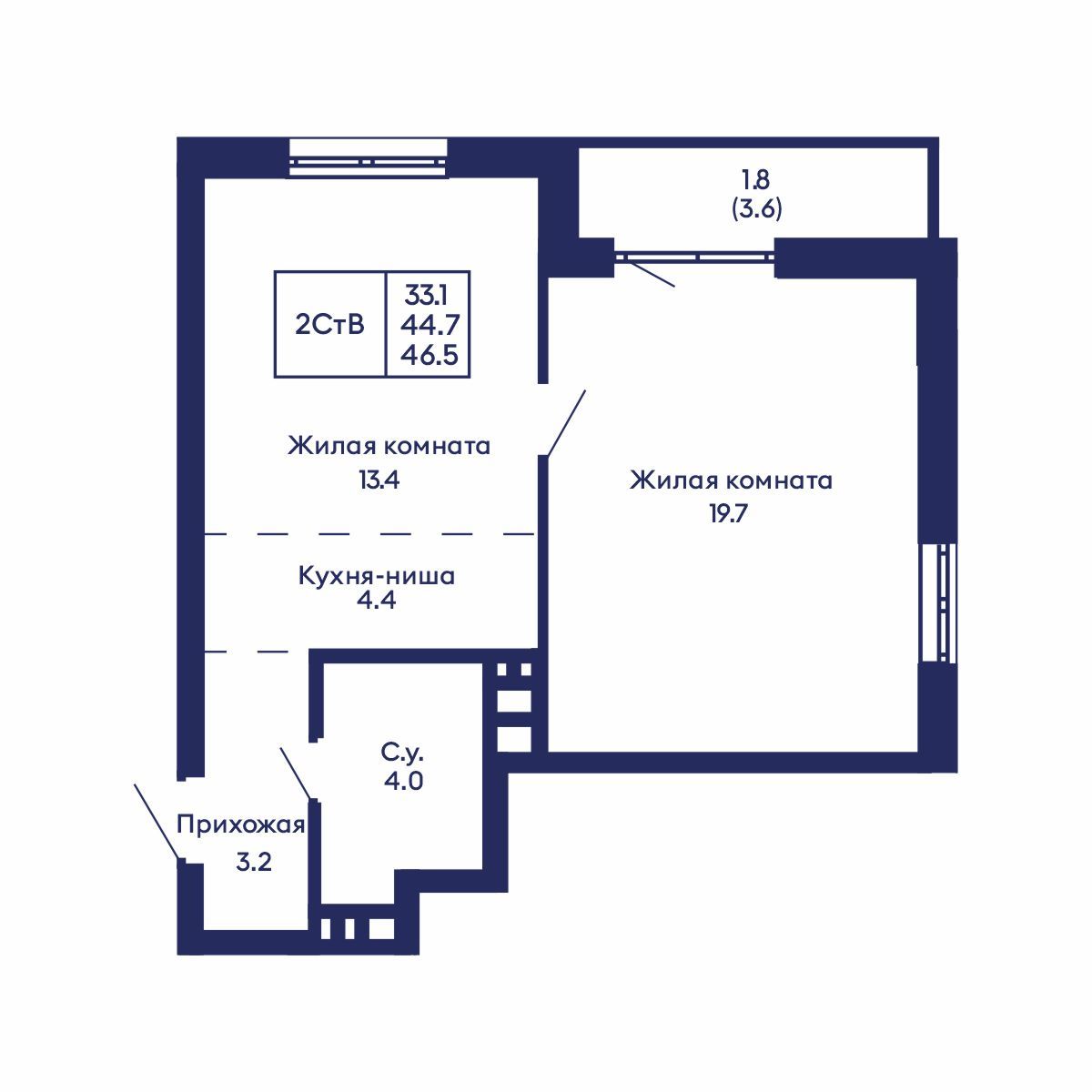 Студия, 46.5 м², № 909 в GORIZONT (Горизонт)