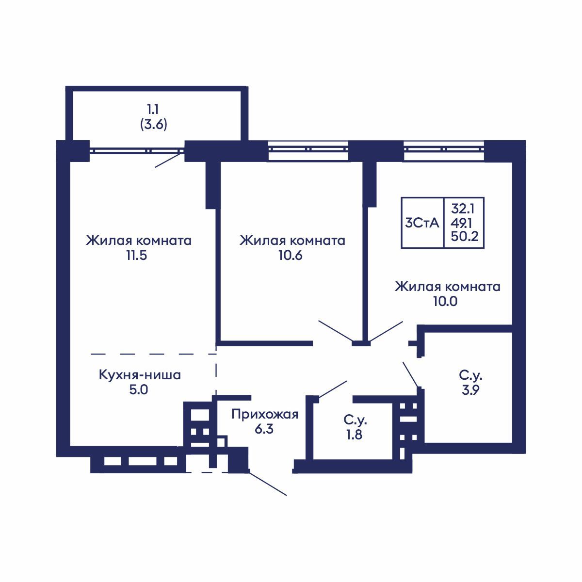 3-комнатная, 50.2 м², № 814 в GORIZONT (Горизонт)