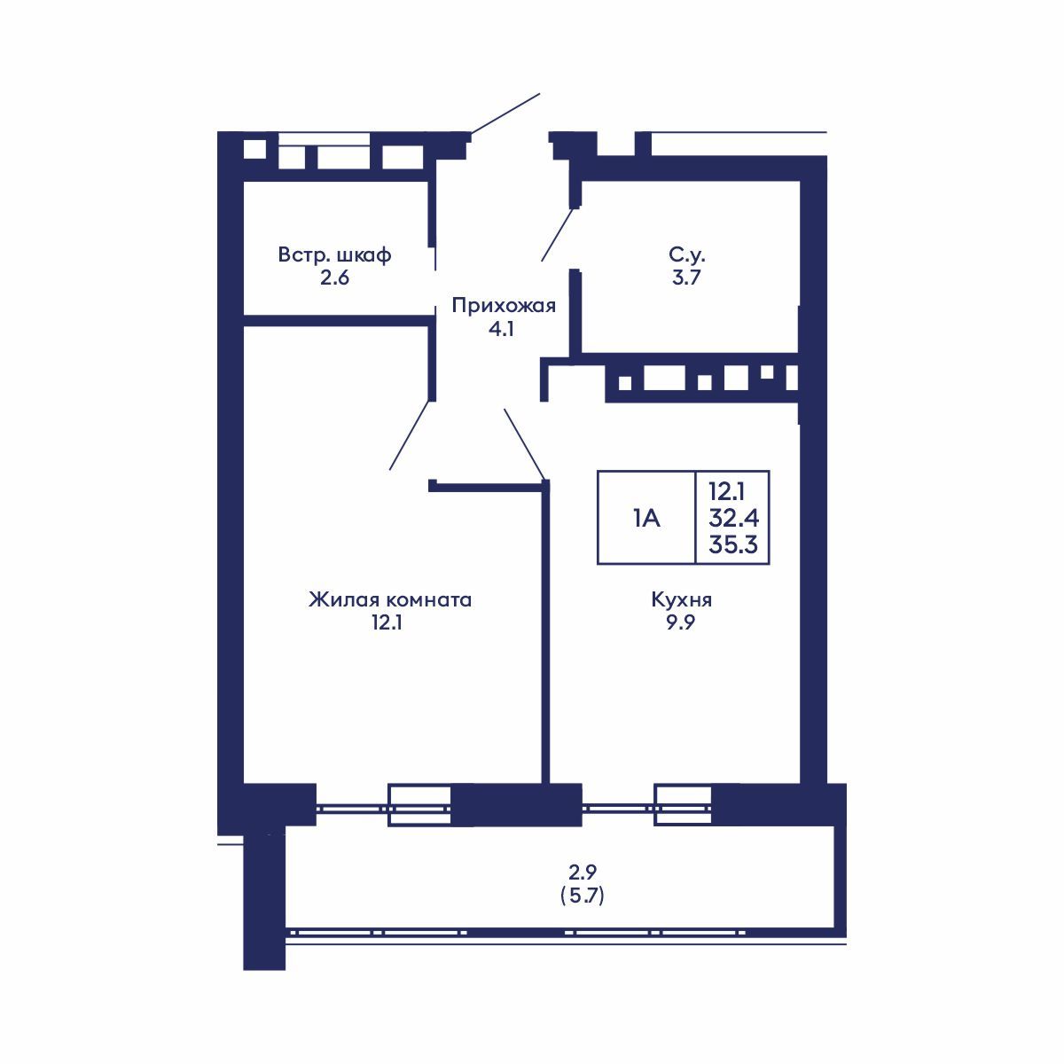 1-комнатная, 35.3 м², № 559 в GORIZONT (Горизонт)