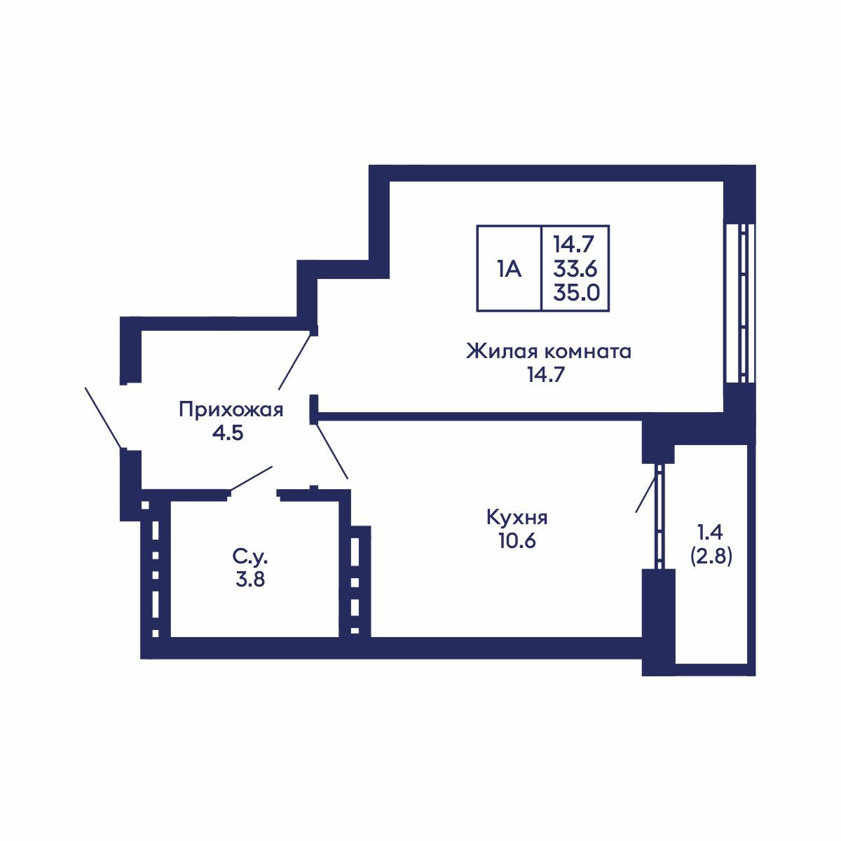 1-комнатная, 35 м², № 917 в GORIZONT (Горизонт)