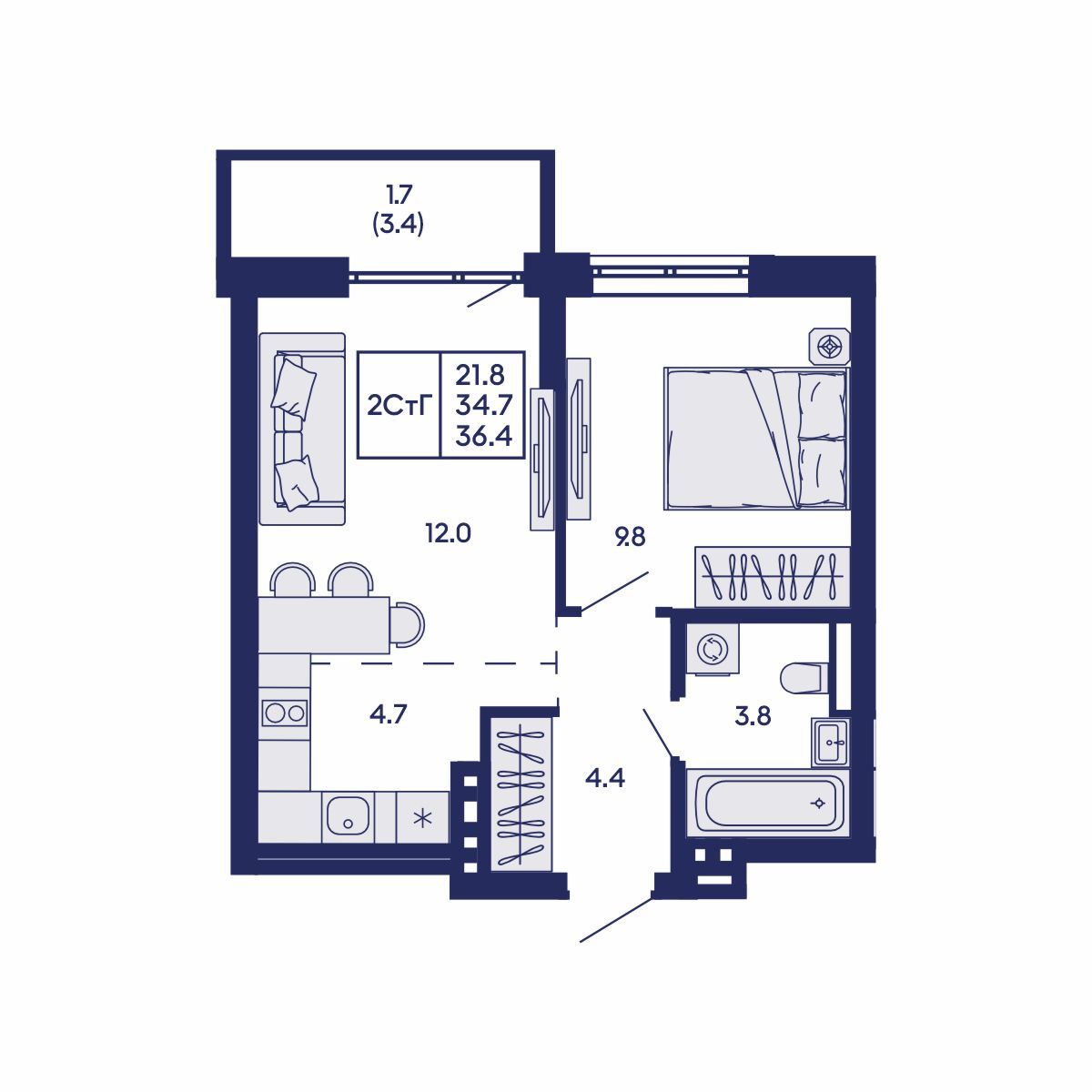 2-комнатная, 36.4 м², № 744 в GORIZONT (Горизонт)