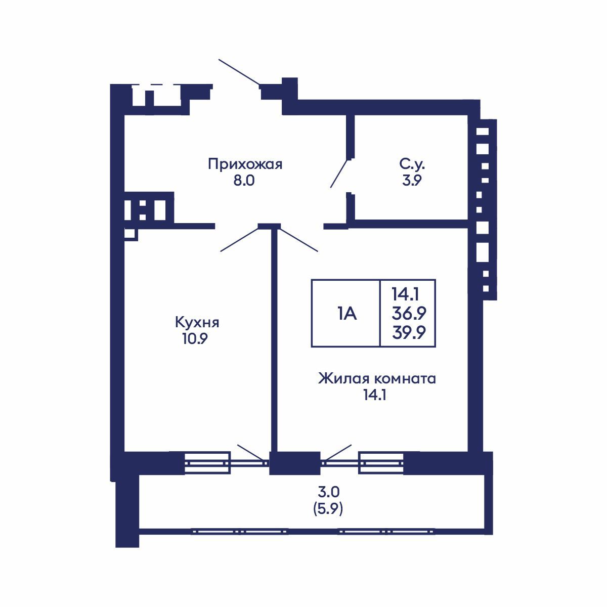 1-комнатная, 39.9 м², № 837 в GORIZONT (Горизонт)