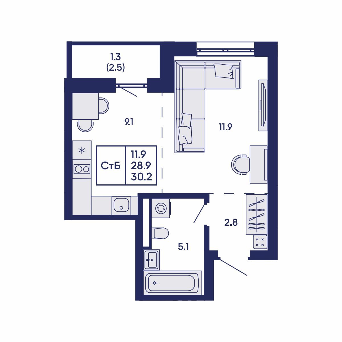 Студия, 30.2 м², № 908 в GORIZONT (Горизонт)
