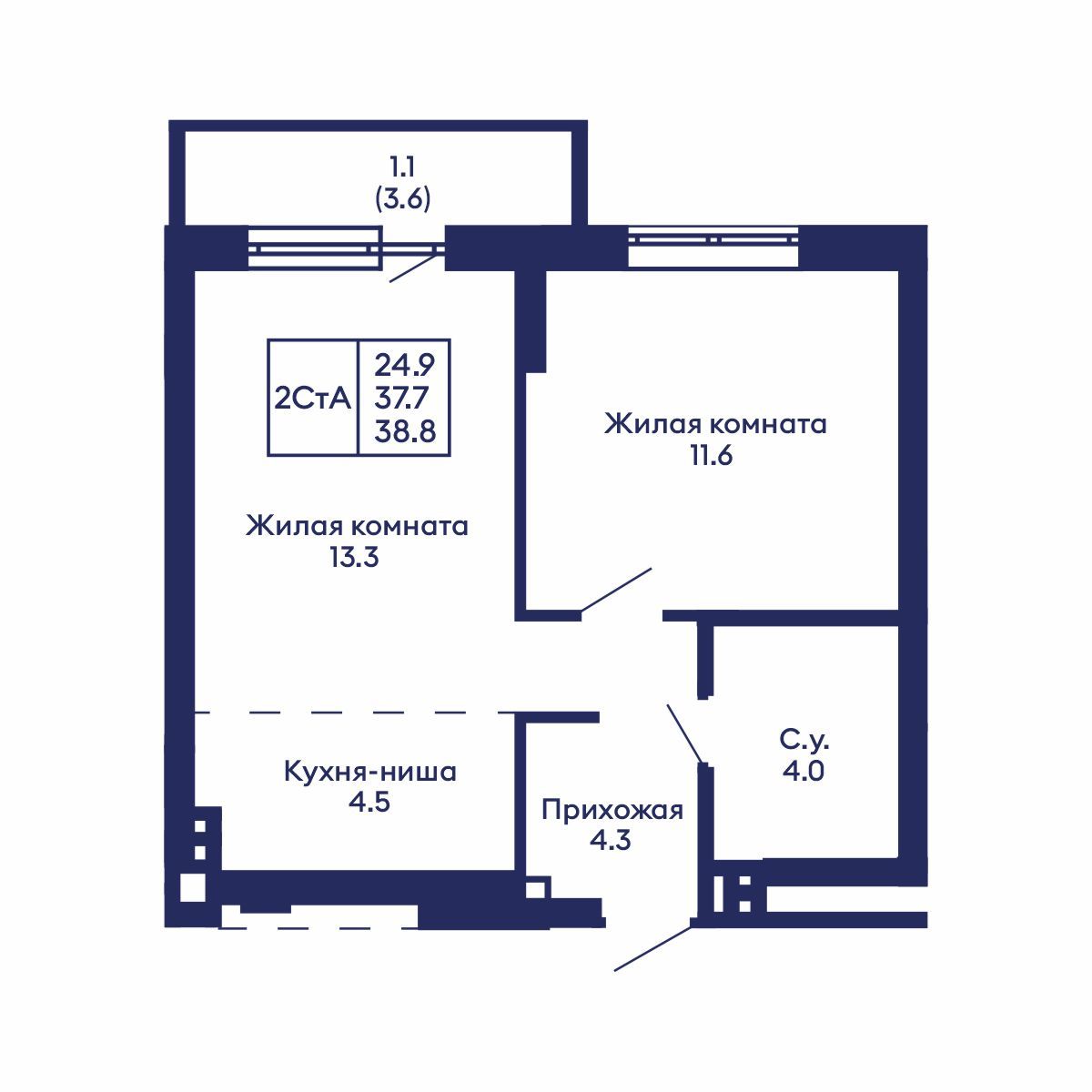 2-комнатная, 38.8 м², № 706 в GORIZONT (Горизонт)