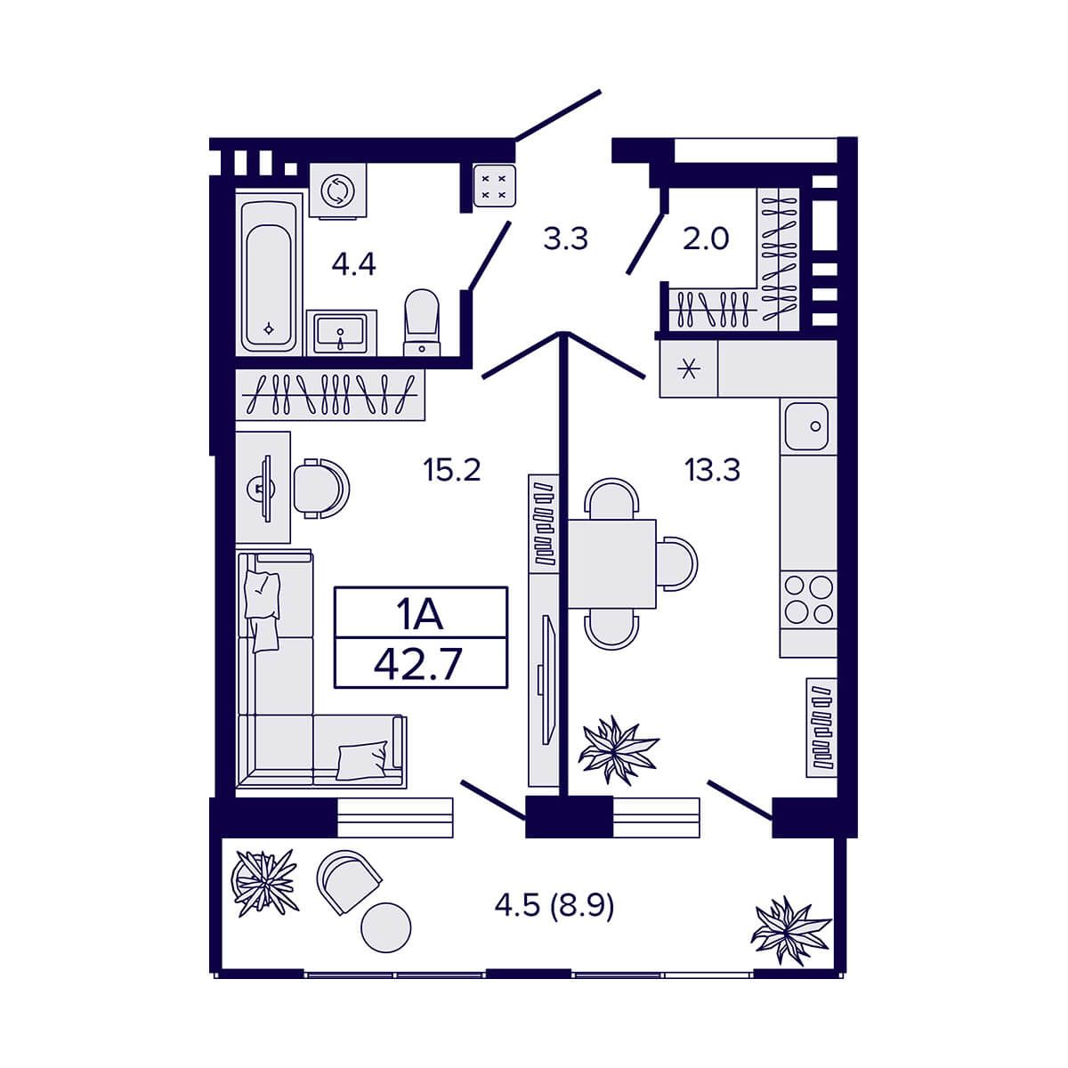 1-комнатная, 42.7 м², № 57 в LUNA (ЛУНА)