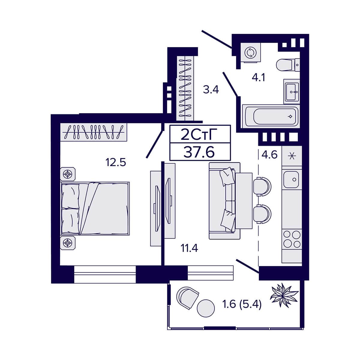 2-комнатная, 37.6 м², № 14 в LUNA (ЛУНА)