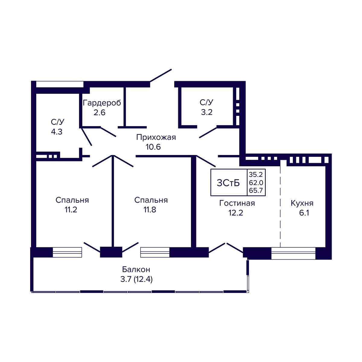 3-комнатная, 65.7 м², № 45 в LUNA (ЛУНА)