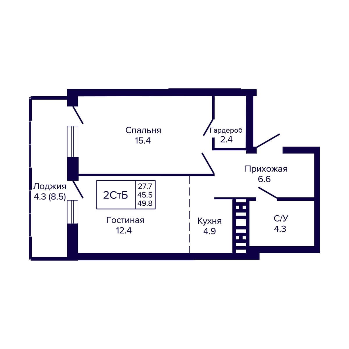 2-комнатная, 49.8 м², № 60 в LUNA (ЛУНА)