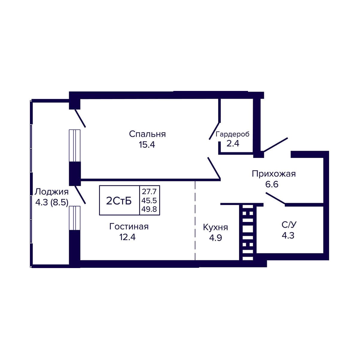 2-комнатная, 49.8 м², № 115 в LUNA (ЛУНА)