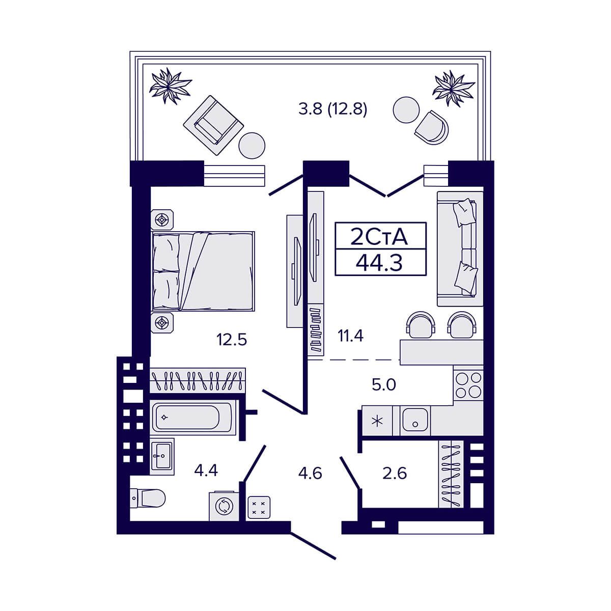 2-комнатная, 44.3 м², № 8 в LUNA (ЛУНА)