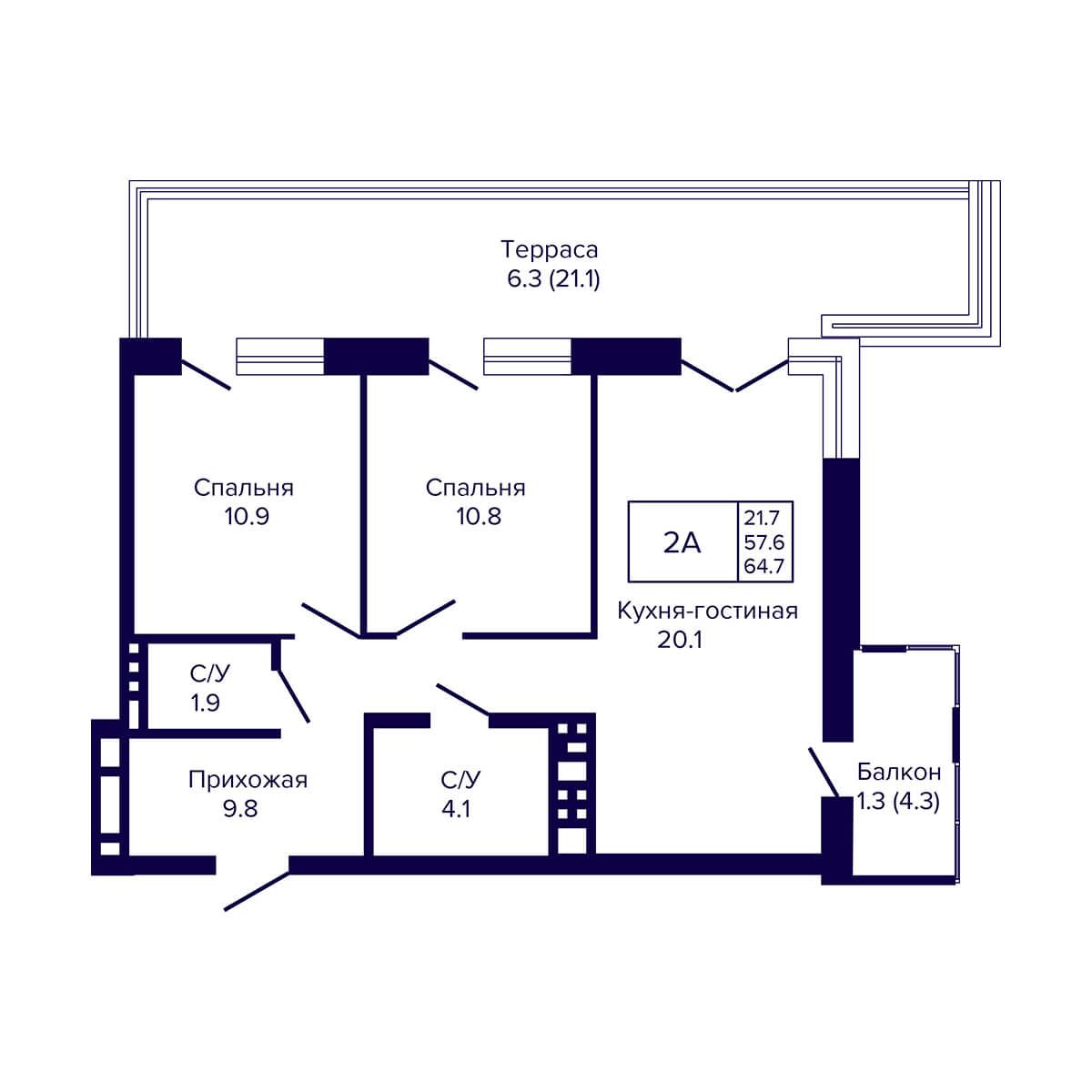 2-комнатная, 64.7 м², № 9 в LUNA (ЛУНА)
