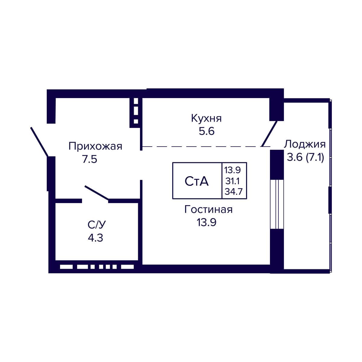 Студия, 34.7 м², № 120 в LUNA (ЛУНА)
