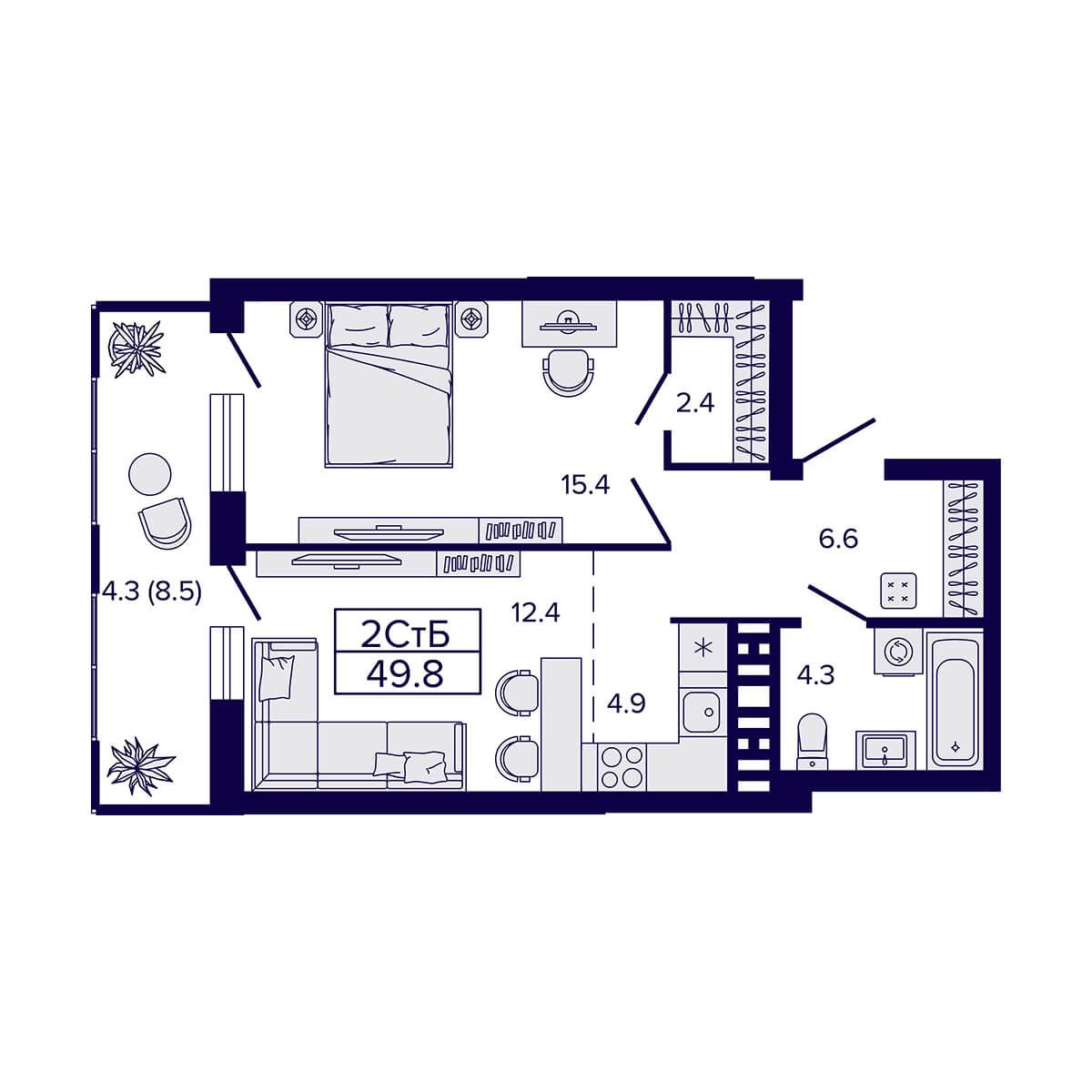 2-комнатная, 49.8 м², № 60 в LUNA (ЛУНА)
