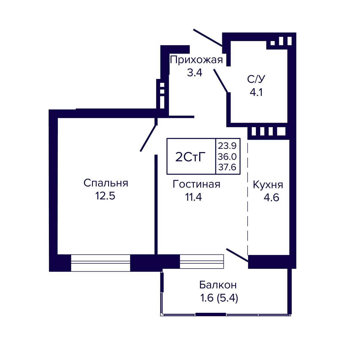 2-комнатная, 37.6 м², № 14 в LUNA (ЛУНА)