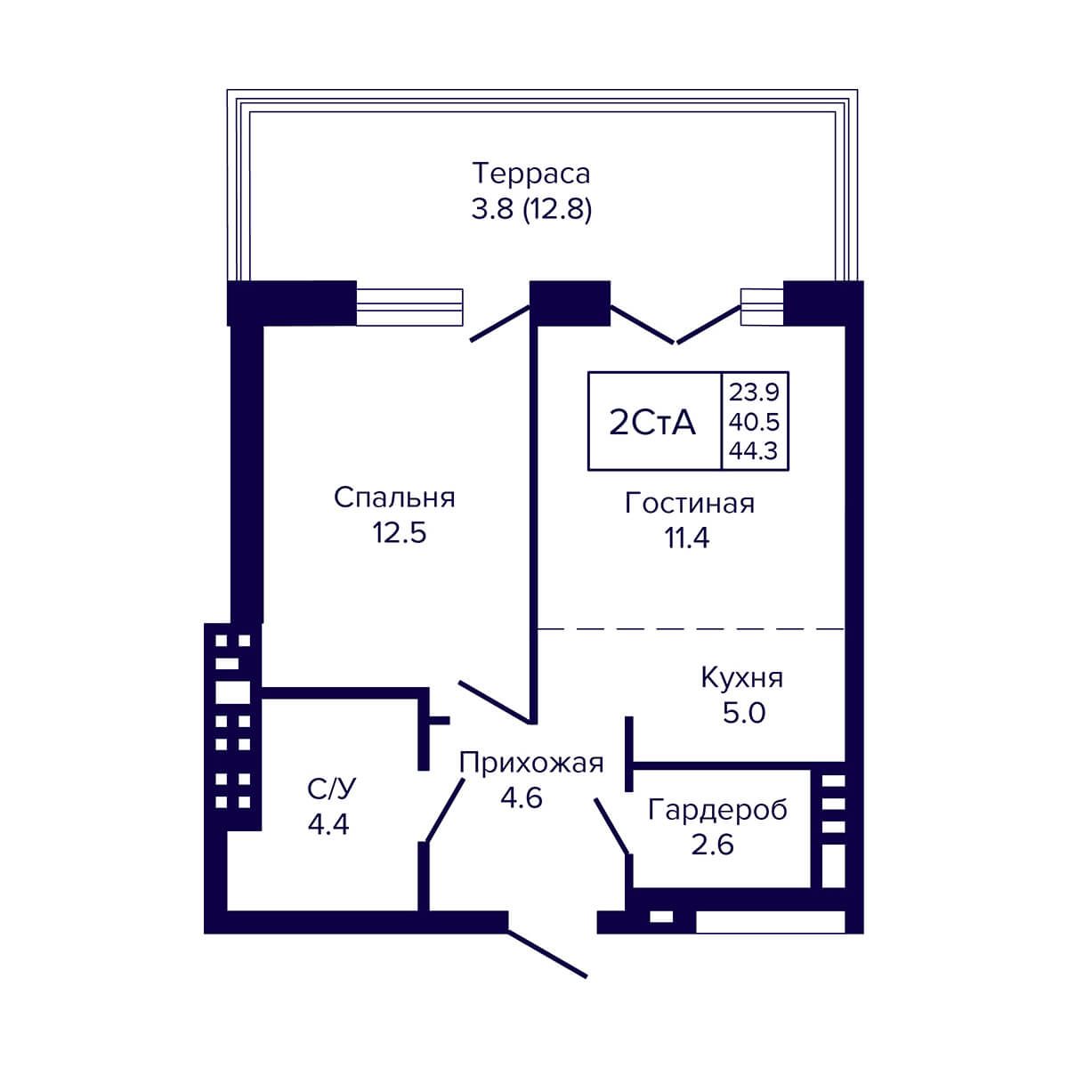 2-комнатная, 44.3 м², № 8 в LUNA (ЛУНА)