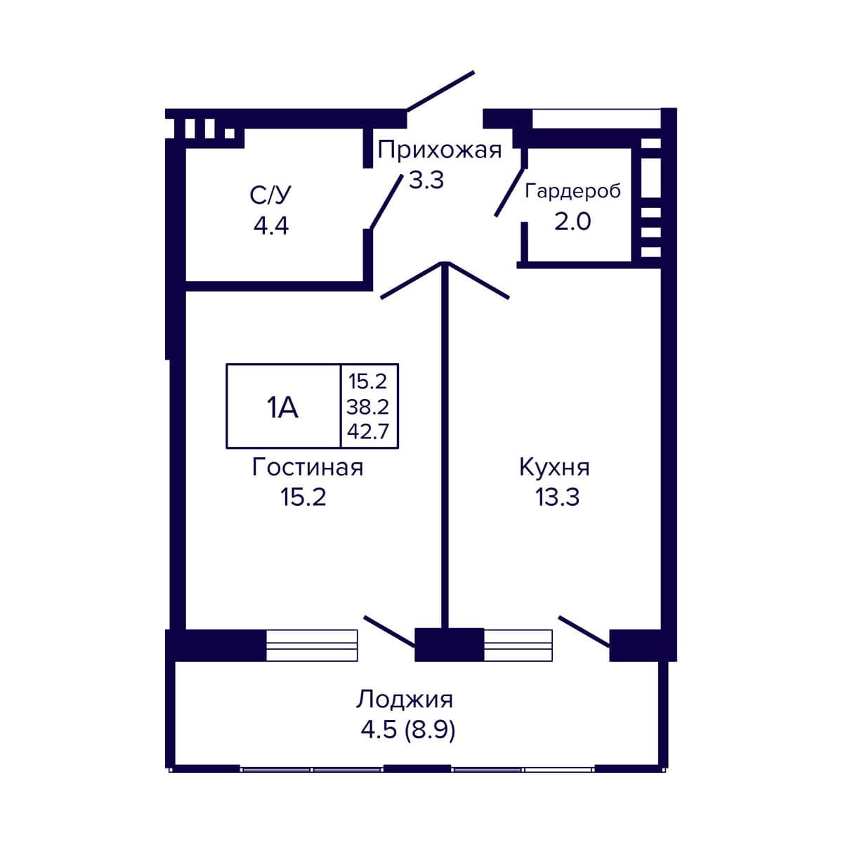 1-комнатная, 42.7 м², № 57 в LUNA (ЛУНА)